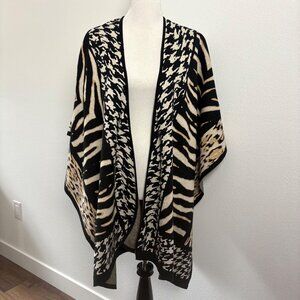 Chicos Zebra Print Open Poncho Wrap OS Cotton Black Tan Statement Warm Animal